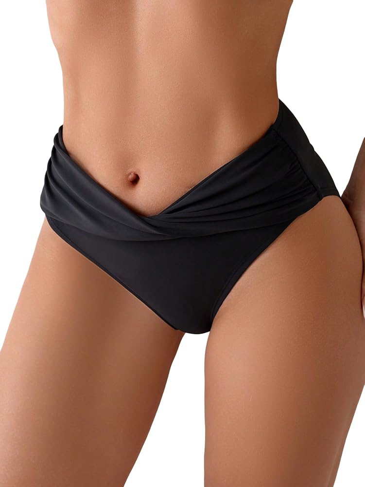 SOLY HUX Women's High Waisted Ruched Bikini Bottoms Full Coverage Swimsuit Bathing Suit Brief