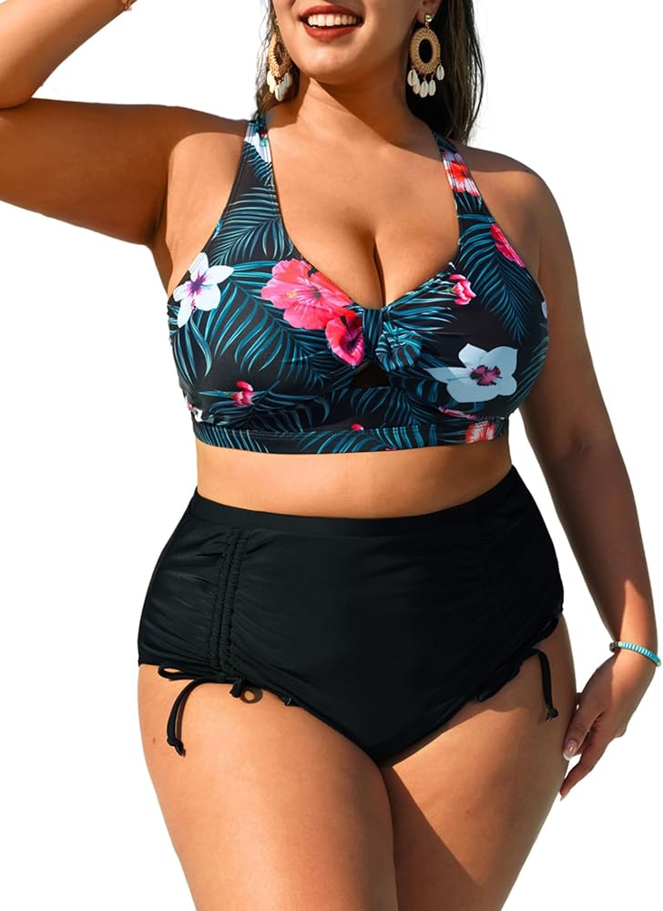 Hanna Nikole Women Plus Size Two Piece Swimsuit Sets Tie Knot Bikini Bathing Suit with Drawstring Ruched Bottom