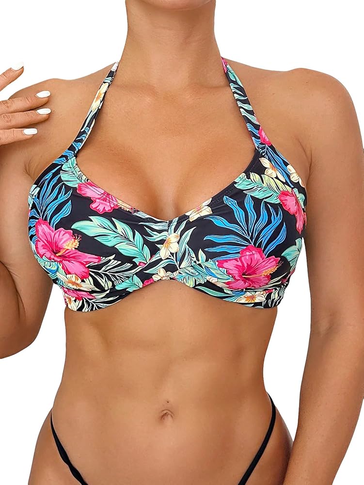 WDIRARA Women's Tropical Print Tie Backless Halter Swim Tops Twist Front Wireless Bikini Top Padded Bathing Suit Top