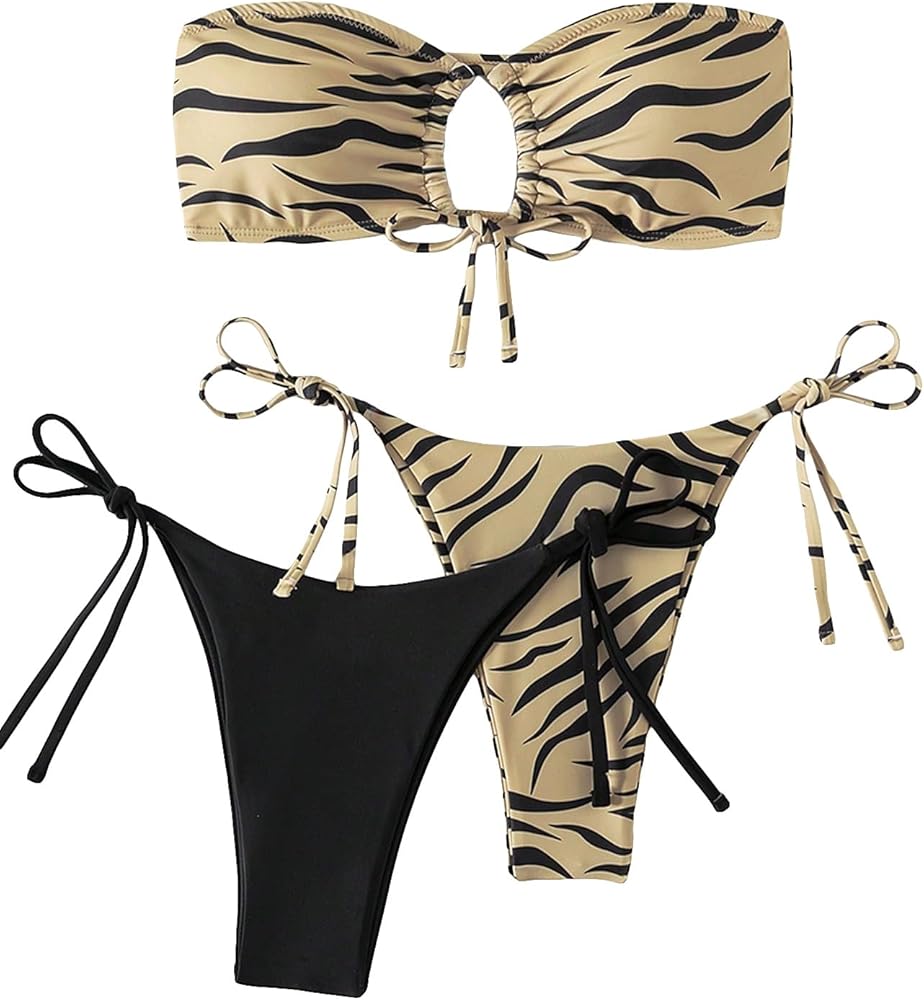 Milumia Women's 3 Piece Swimsuits Zebra Striped Knot Strapless Tube Top Bikini Sets Swimwear