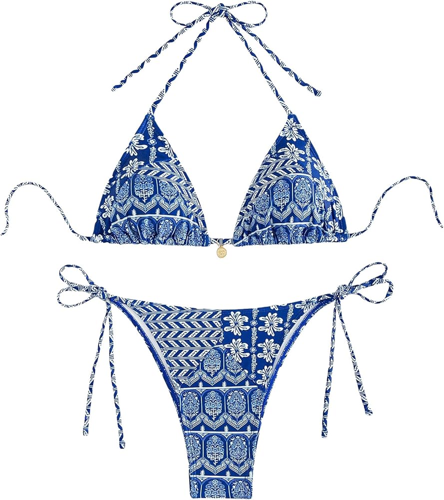 WDIRARA Women's 2 Piece Floral Print Swimsuits Geometric Halter String Triangle Bikini Set Beach Bathing Suit