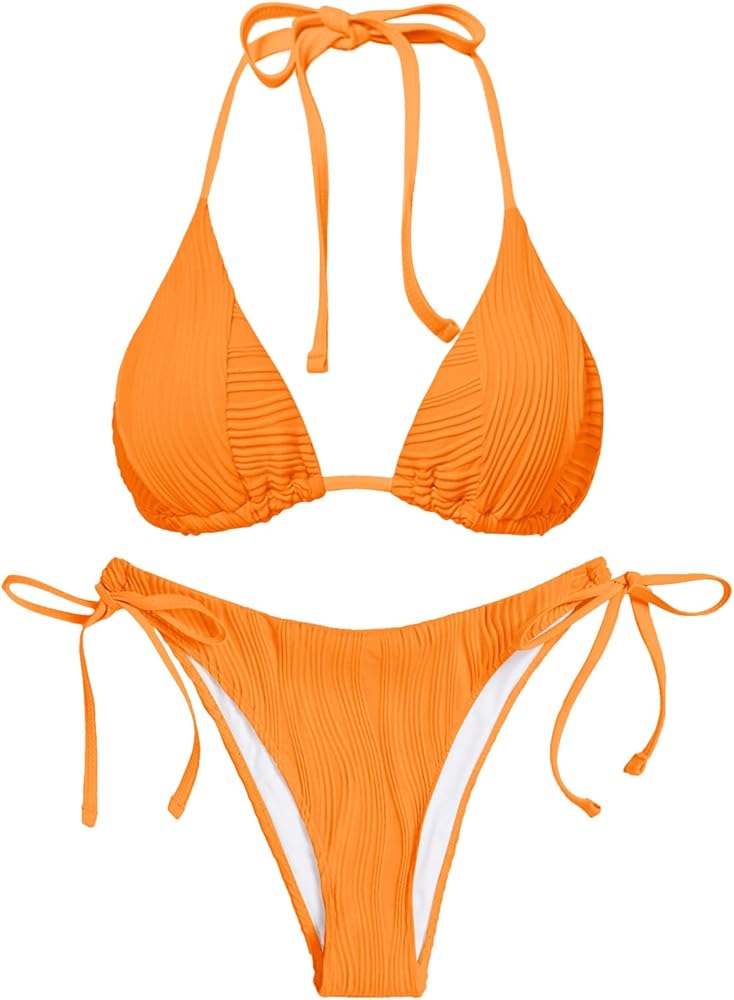 Women's String Triangle Bikini Set - Two Piece Ribbed Halter Bikini Top with Bottom Swimwear