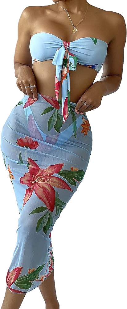 MakeMeChic Women's 3 Piece Floral Bandeau Bikini Set Swimsuit with Swim Beach Cover Up Skirt