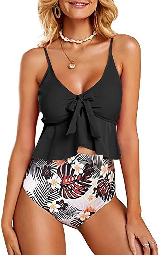 Rooscier Women's Floral Print 2 Pcs Bikini Tankini Set Peplum Ruffle High Waisted Swimsuits