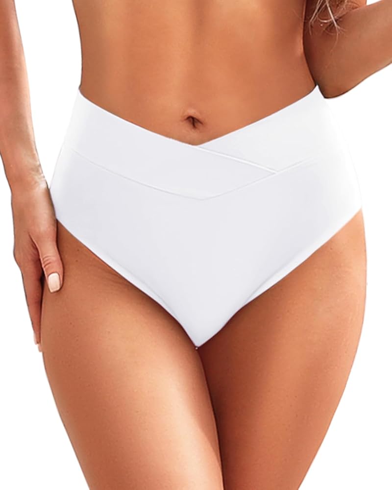 Zmart Womens High Waisted Bikini Bottoms - V Cut Full Coverage Bathing Suit Swimsuit Bottom with Twist Front White M