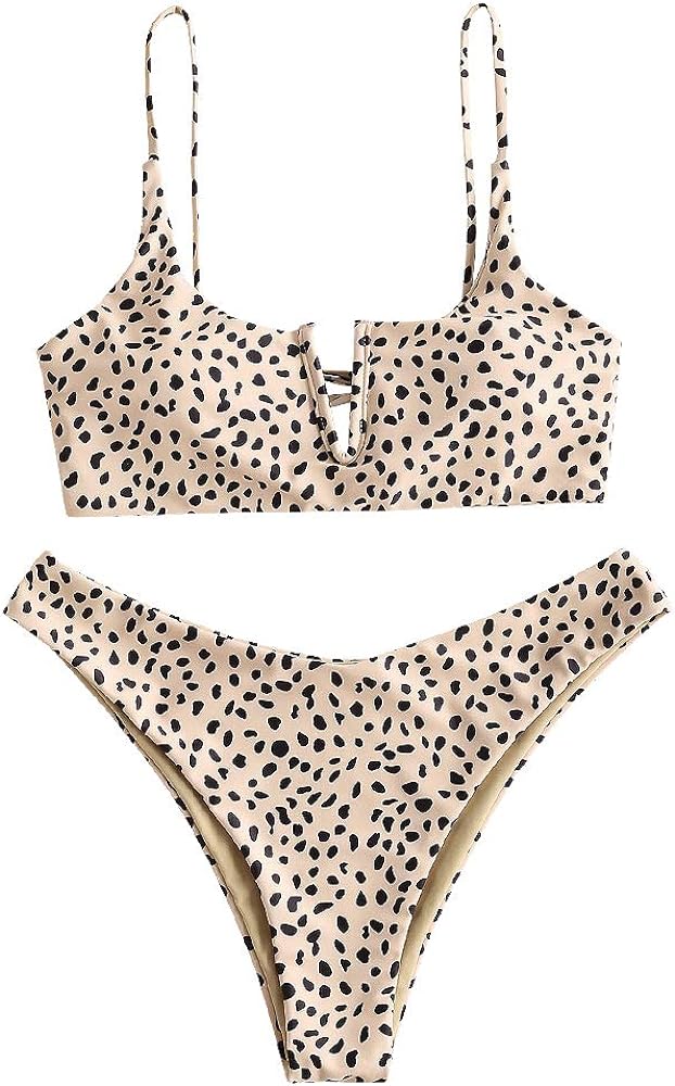 ZAFUL Women's Leopard Bikini Set V Wired Animal Print Ribbed Colorblock Swimsuit High Cut Two Piece Swimwear