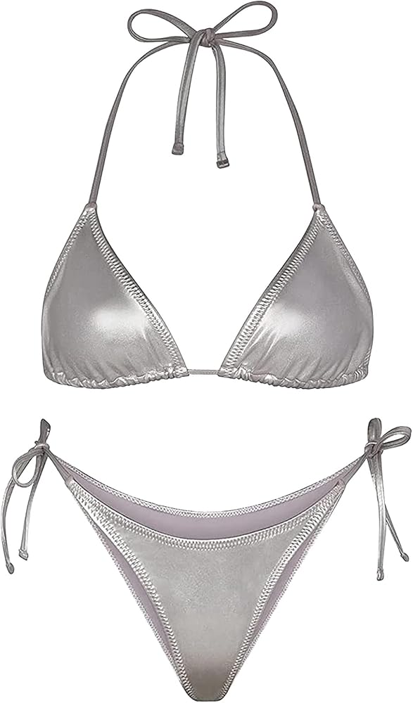 Ella Lust Metallic Bikini for Women - Silver Bathing Suit High Waisted Tie Side Thong Bottom Triangle Top Shiny Swimsuit