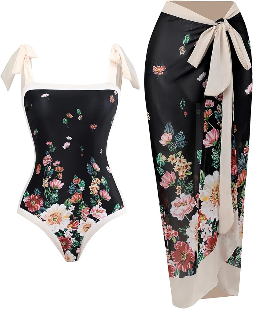 Women One Piece Swimsuit with Matching Cover Ups Floral Sexy Bikini Sets High Cut Push Up Two Pieces Bathing Suit