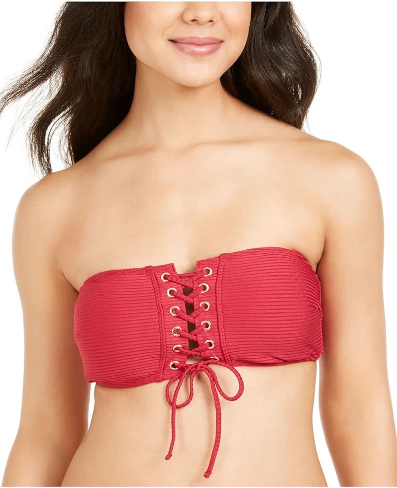 Juniors' Rhythm Rib Lace-Up Bandeau Bikini Top