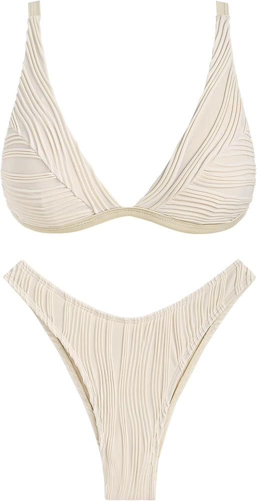 ZAFUL Sexy Bathing Suit for Women Sexy Plunging Neck Swimsuit High Cut Textured Bikini Sets Beige Medium