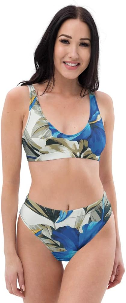 Recycled High Waisted Bikini Set for Women Floret Blue Ocean Flower Floral