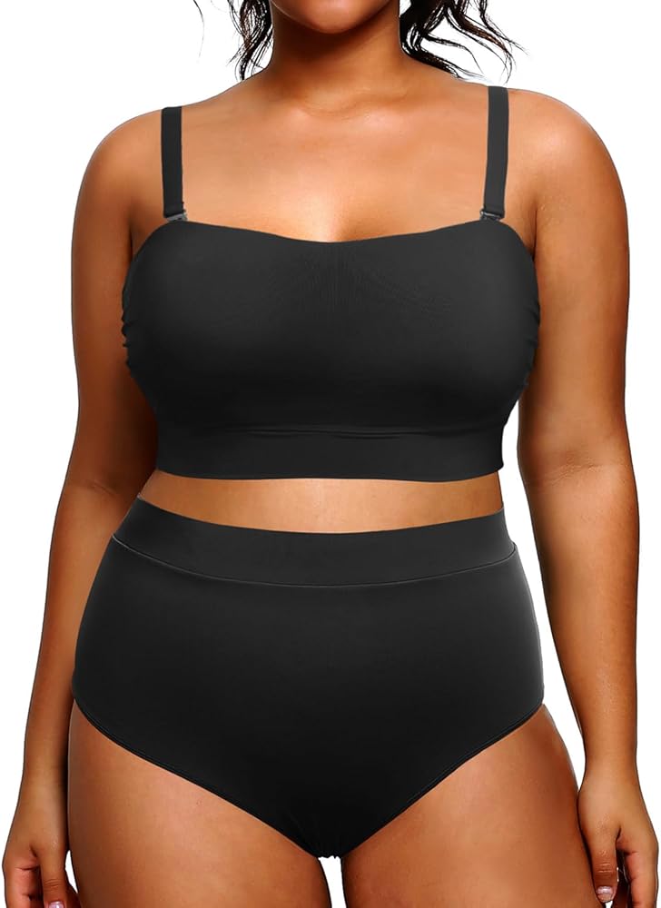 Tempt Me Women Plus Size High Waisted Bikini Bandeau Two Piece Swimsuit