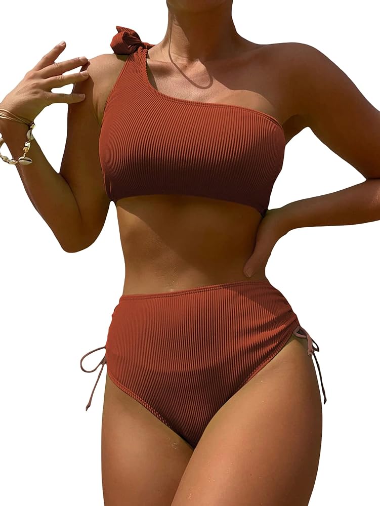 MakeMeChic Women's 2 Piece Bathing Suits Ribbed Knot One Shoulder Drawstring High Waisted Bikini Swimsuit