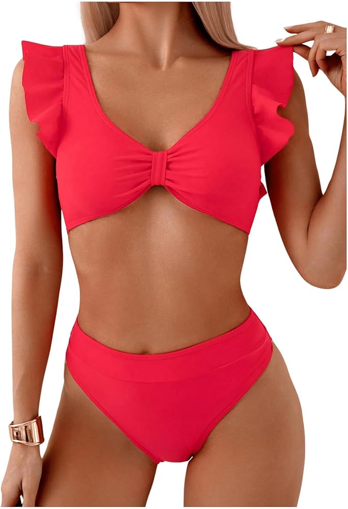 SOLY HUX Bathing Suit for Women Ruffle V Neck Ruched Bikini Sets Two Piece Swimsuit