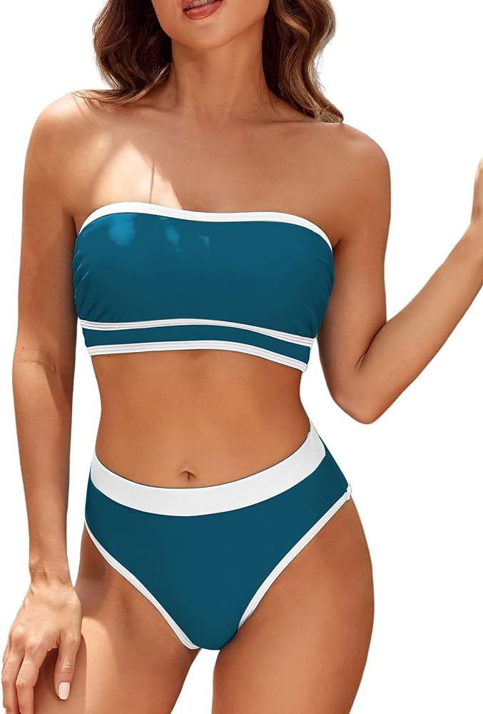 ZAFUL Women Strapless Color Block Bandeau Bikini High Waisted 2 Piece Swimwear Cheeky Lace up Bathing Suits