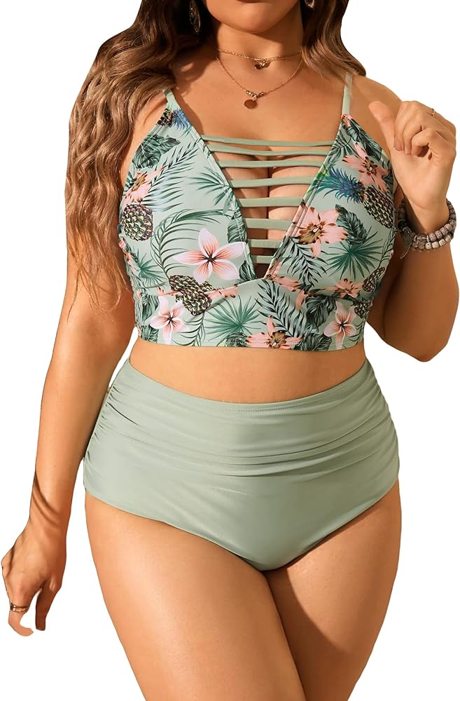 MakeMeChic Women's Plus Size 2 Piece Swimsuit Tropical Print Cut Out Push Up Ruched High Waisted Bikini Set