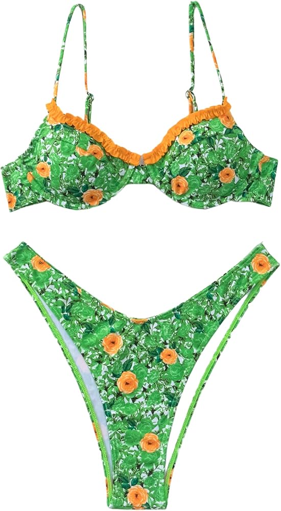 Floerns Women's Floral Frill Trim Underwire High Cut Two Piece Bikini Swimsuit