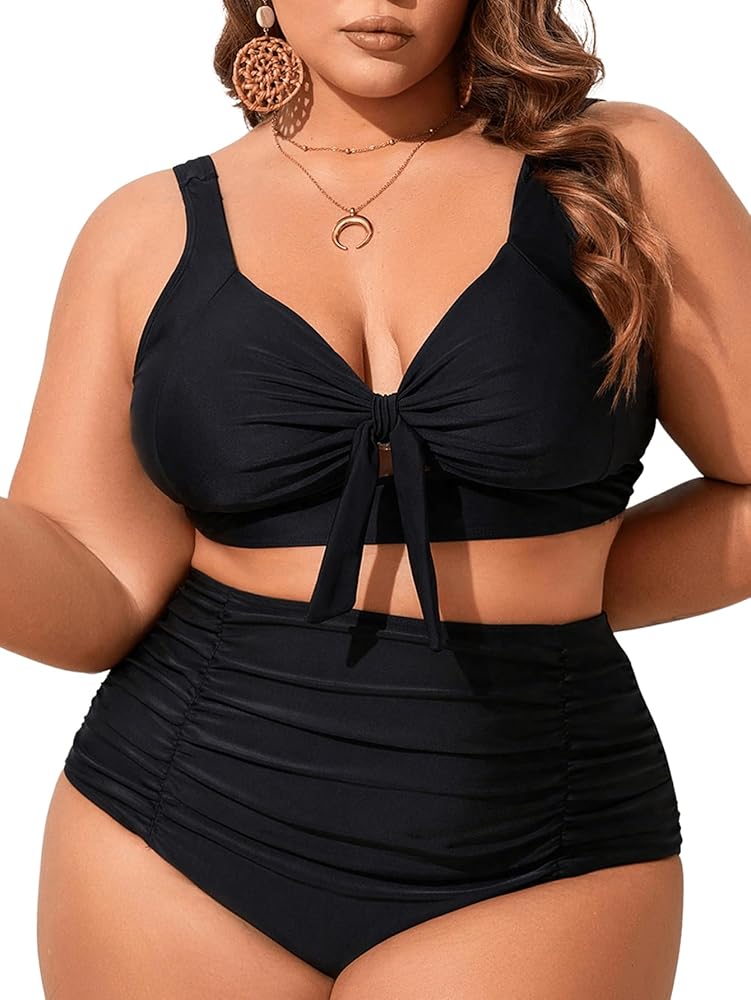 MakeMeChic Women's Plus Size Tie Knot Cut Out V Neck Bikini Top Bathing Suit Swim Tank Top