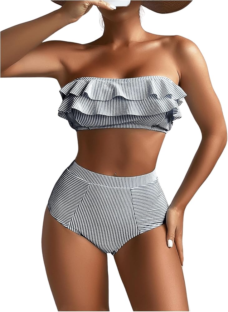 Floerns Women's Ruffle Trim Bandeau High Waist Striped Print 2 Piece Bikini Set