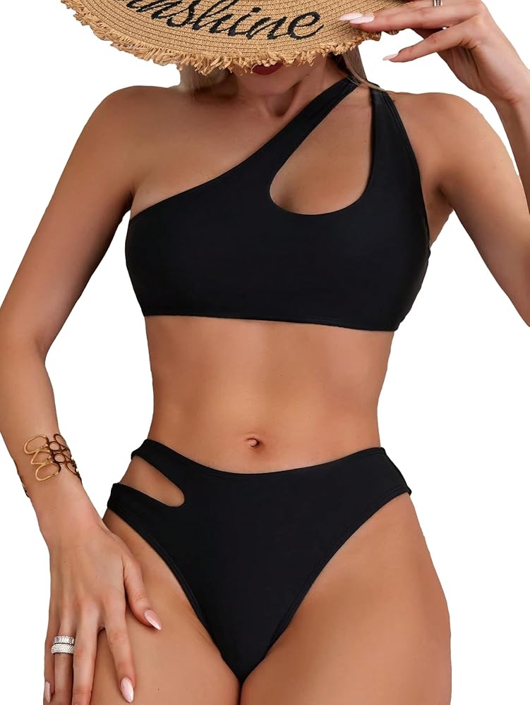 MakeMeChic Women's 2 Piece Swimsuit Cut Out One Shoulder Bikini Set High Cut Bathing Suits