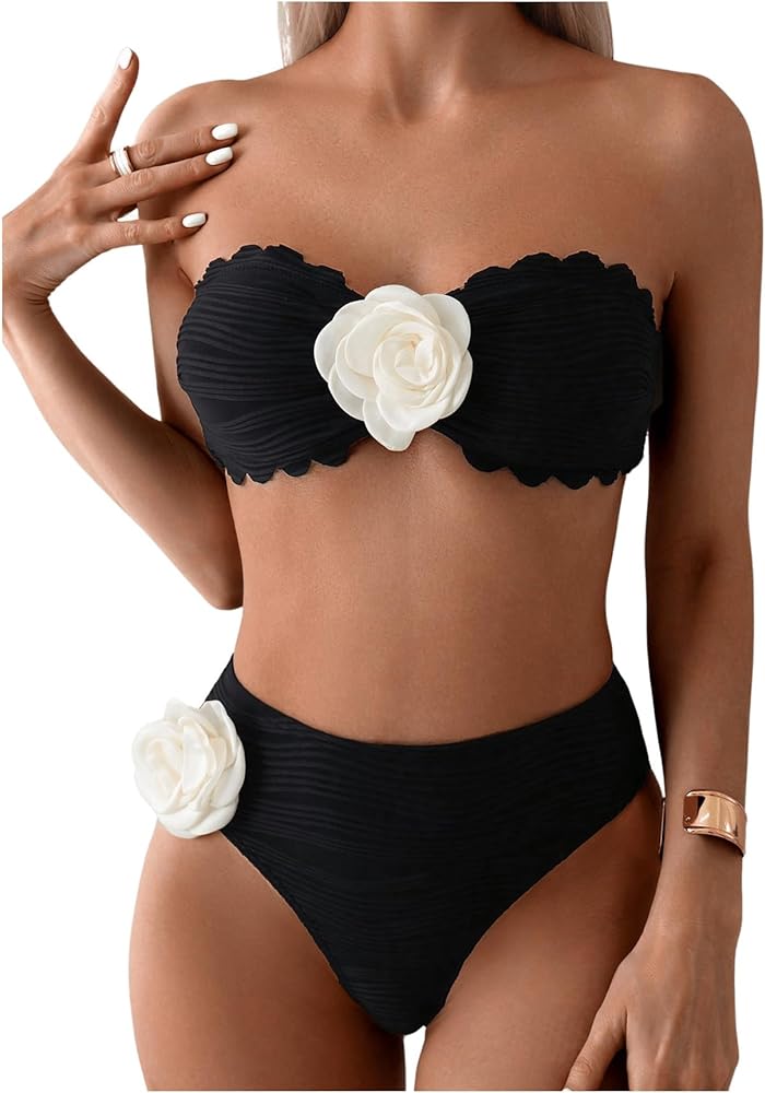 Women's 2 Piece Striped 3D Flower Bandeau Bikini Triangle Set Backless Tube High Cut Swimsuit Bathing Suit