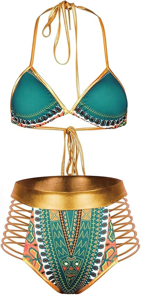 Zando Women Tribal Print Bikini African Metallic Swimsuit Two Piece Beachwear Cutout Halter Neck Bathing Suit Swimwear