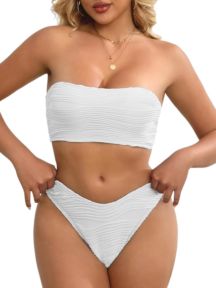 Tripsky Women's Bandeau Bikini Sets Two Piece Swimsuit High Cut Bathing Suit Ribbed Bikini Set