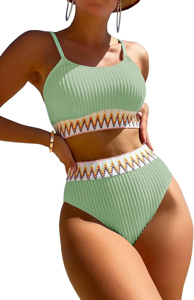 SHENHE Women's 2 Piece High Waist Bikini Sets Geo Print Ribbed Swimsuit Bathing Suit