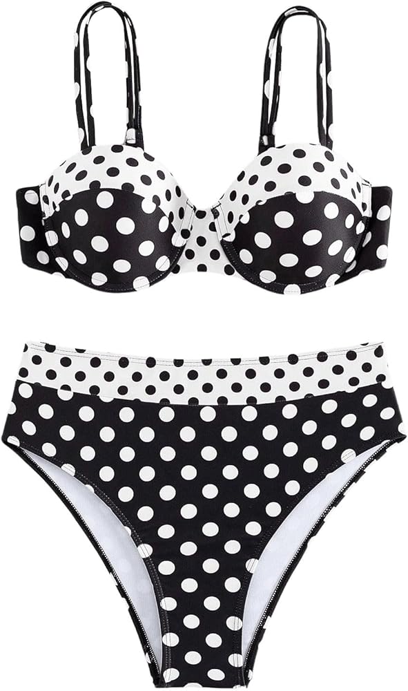 Women's 2 Piece Swimsuits Polka Dots Color Block Double Straps Push Up High Waist Bikini Sets