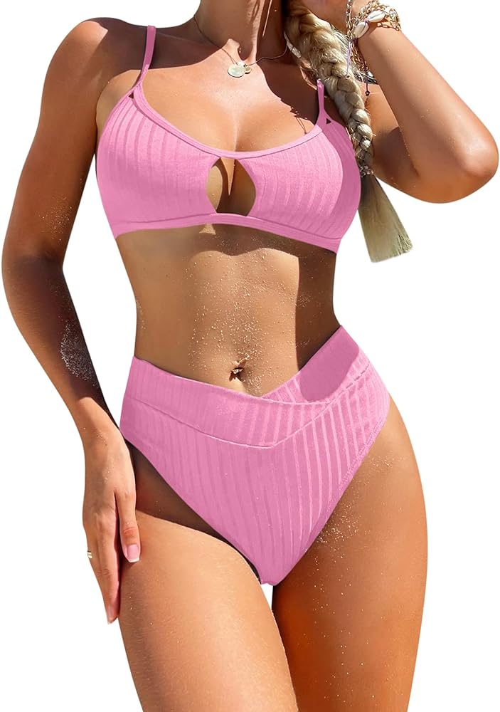 Lilosy Sexy High Waisted Cutout Ribbed V Cut Bikini Set 2 Piece Swimsui