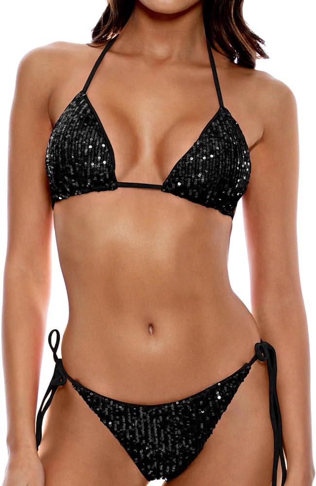 Women's Shiny Triangle Bikini Set Sequin Halter String Backless Tie Side Two Piece Swimsuit Bathing Suit