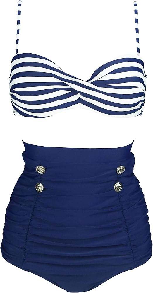 COCOSHIP Retro Polka Dot Twisted Front High Waisted Bikini Set Tie Belt Vintage Ruched Swimsuit(FBA)