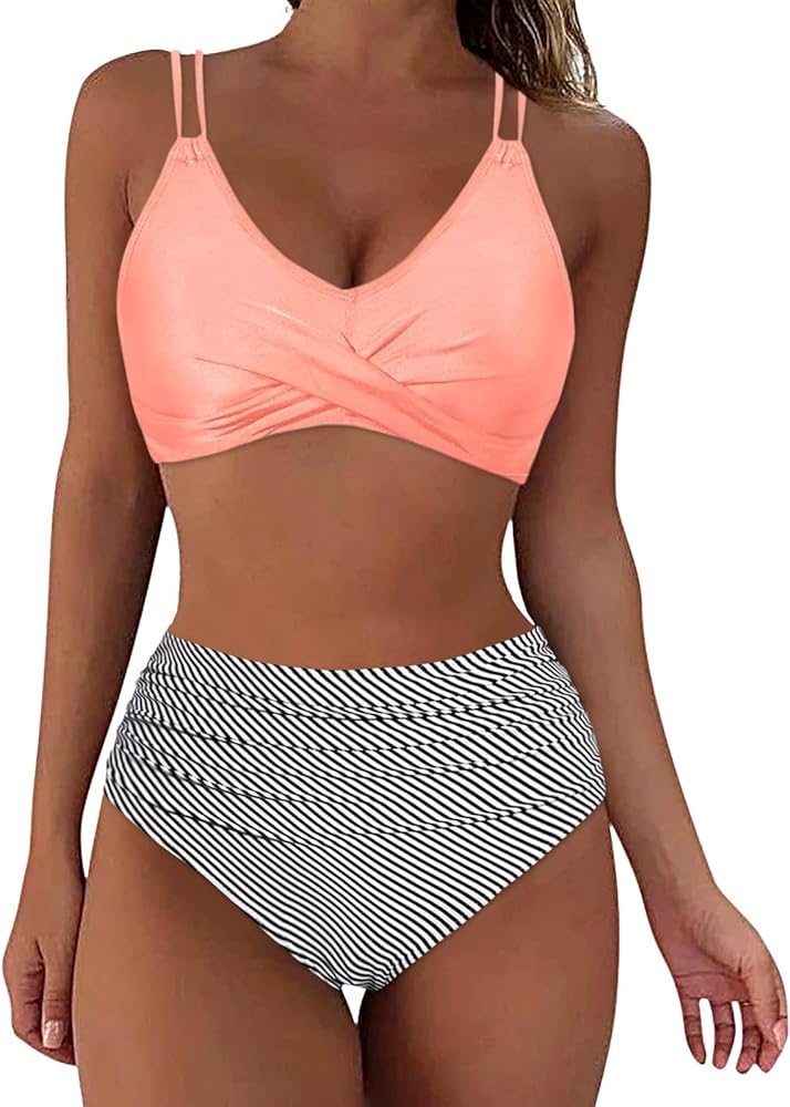 Women Two Piece Vintage Swimsuit Retro Halter Ruched Twist Tummy Control High Waist Bikini with Bottom Bathing Suits