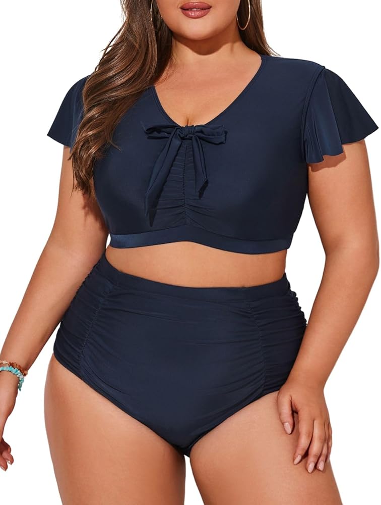 Hanna Nikole Womens Two Piece Plus Size Bikini Set Ruffle Short Sleeve Swimsuits Ruched Tummy Control Bathing Suits