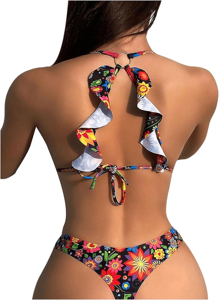 Floerns Women's Floral Print Bathing Suit Triangle Tie Back Bikini Swimsuit