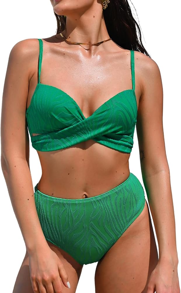 CUPSHE Women Bikini Set 2 Piece Swimsuit Cutout Spaghetti Straps Textured Fabric High Waisted Bottom