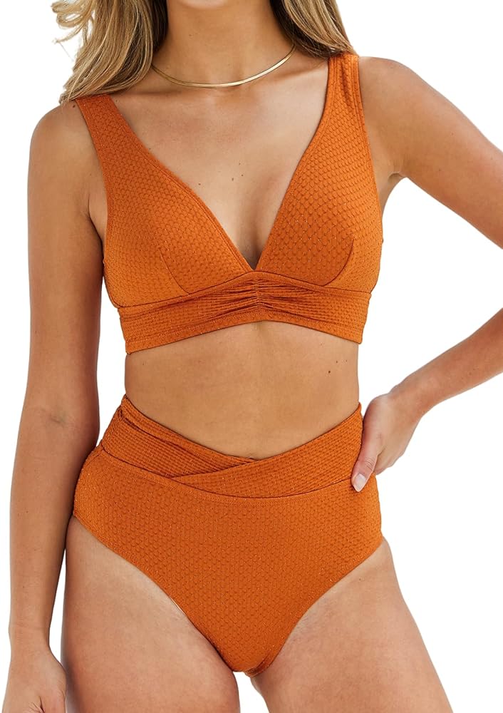 CUPSHE Women's Bikini Set Two Piece Swimsuit V Neck Wide Straps High Waisted V-Cut Bottom Lurex Textured