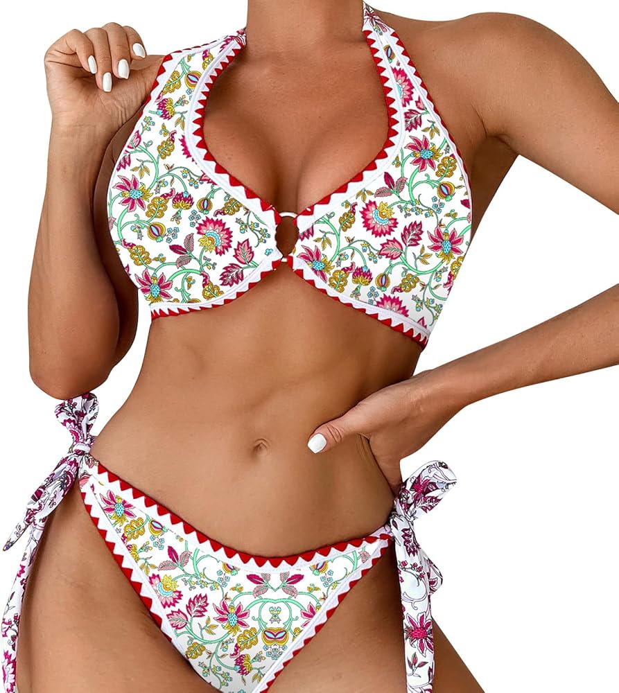 Women's Spring Summer Bikini 2 Pieces Set Floral Print Halter Bra and High Rise Shorts Bathing Suit