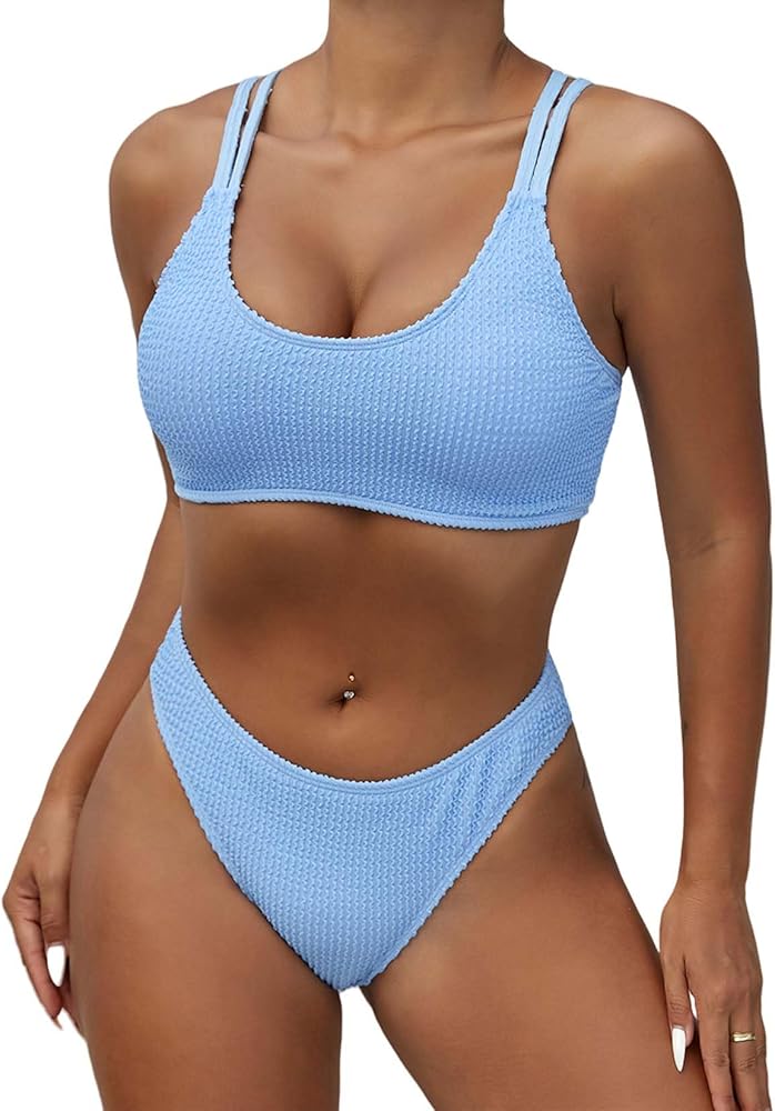 Women's Ribbed Bikini Sets Two Piece Criss Cross with Double Sapghetti Bathing Swimsuits