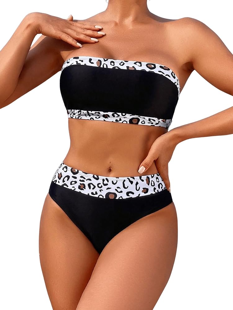 Women's 2 Piece Bikini Sets Leopard Print Color Block Strapless High Cut Bandeau Swimsuits Bathing Suits