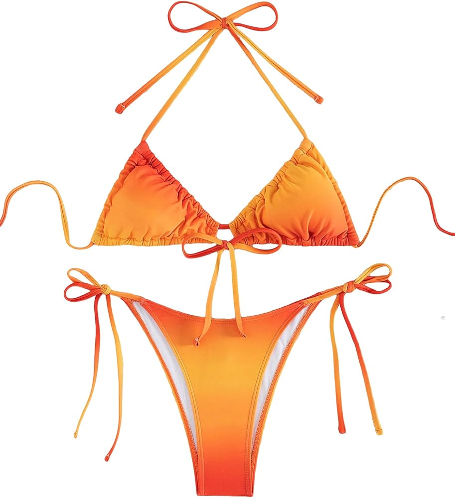 Verdusa Women's 2 Piece Triangle Bathing Suit Halter Tops Tie Side Thong Bikini Set Swimsuits