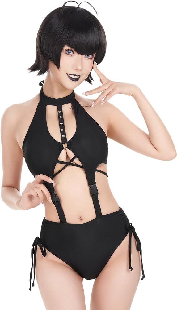 MEOWCOS Women's One Piece Swimsuits Gothic Swimsuit Bathing Suit Halter Top and Shorts Bikini Sets