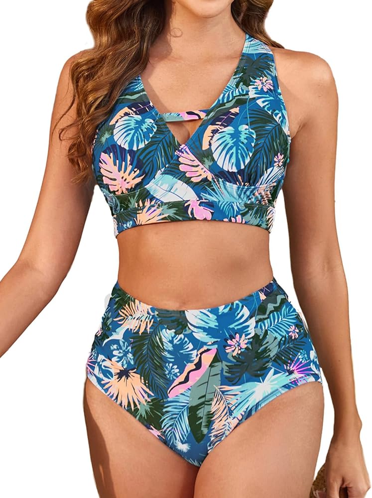 JASAMBAC Women's Bikini Sets 2024 High Waisted Floral Print Two Piece Swimsuit V Neck Cheeky High Cut Boho Bathing Suits