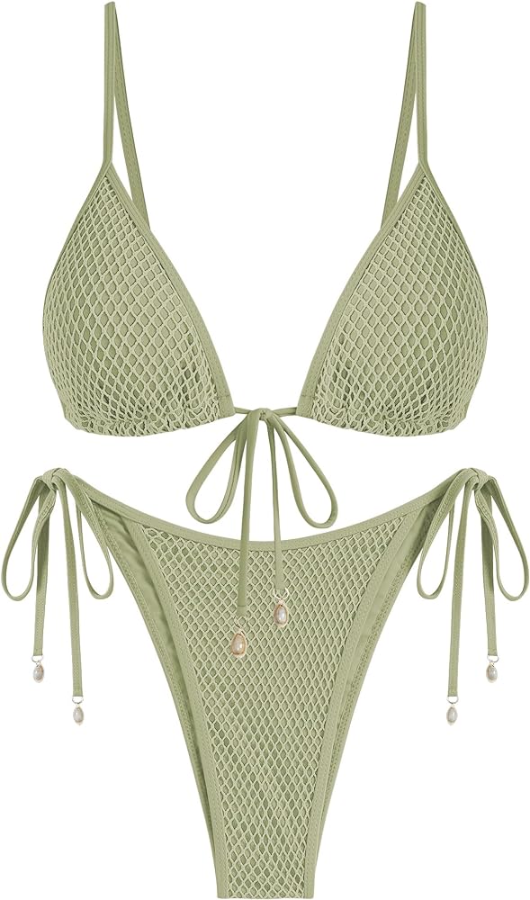 ZAFUL Women Triangle String Two Piece Bikini Fishnet Mesh Tie Shell Decor Tanga 2 Piece Swimsuit 25-Green M