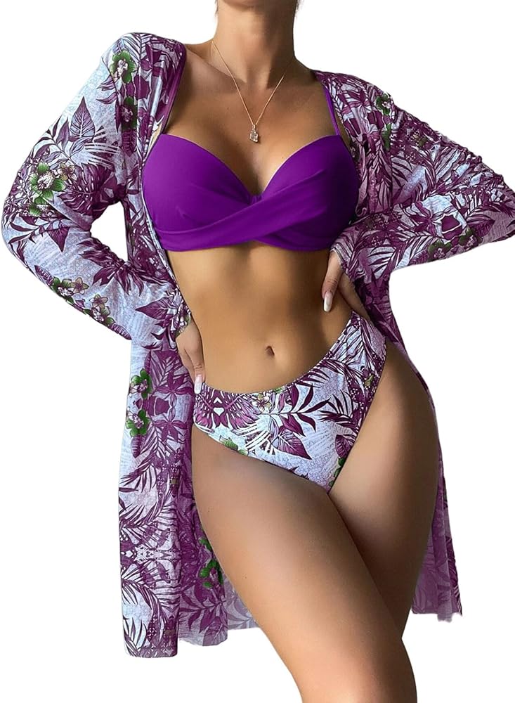 Women's 3 Piece Swimsuits Tropical Push Up Bikini Sets Beach Long Sleeve Bathing Suits with Kimono Cover Up