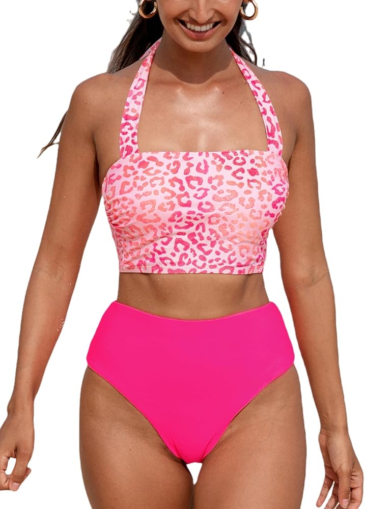 CUPSHE Women's Bikini Sets Two Piece Bathing Suit Square Neck Halter Adjustable Straps Reversible High Waisted Leopard