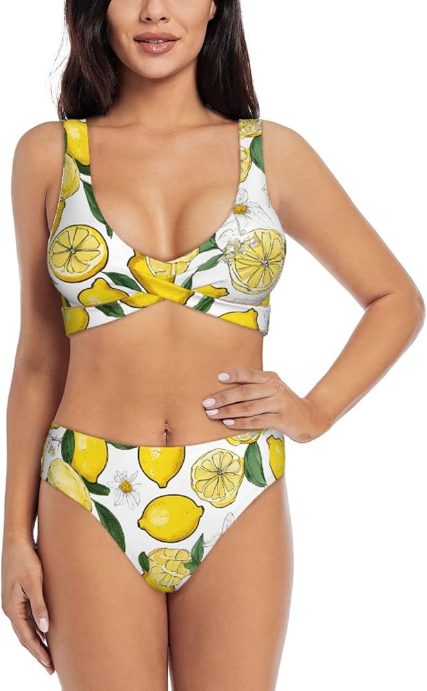 Yellow Lemons Print Bikini Set for Women Soft, Stretchy, and Stylish Swimwear for Beach Pool, and Vacation