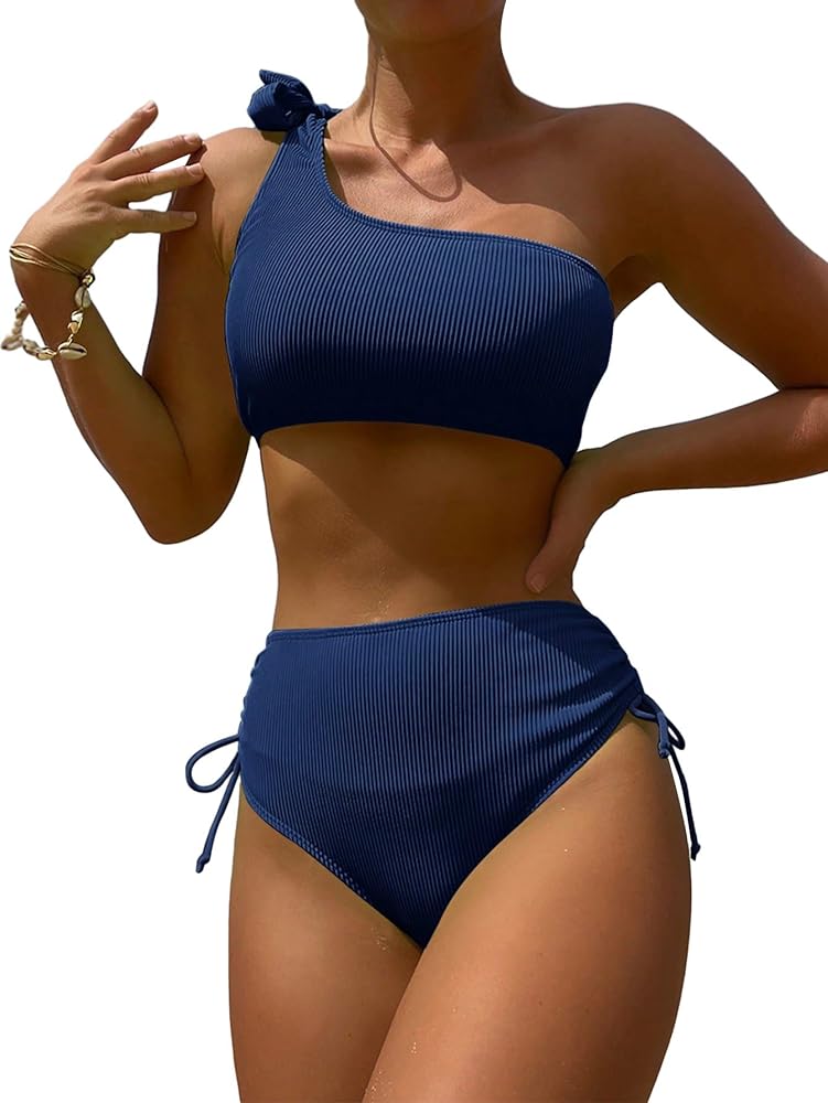 MakeMeChic Women's 2 Piece Bathing Suits Ribbed Knot One Shoulder Drawstring High Waisted Bikini Swimsuit