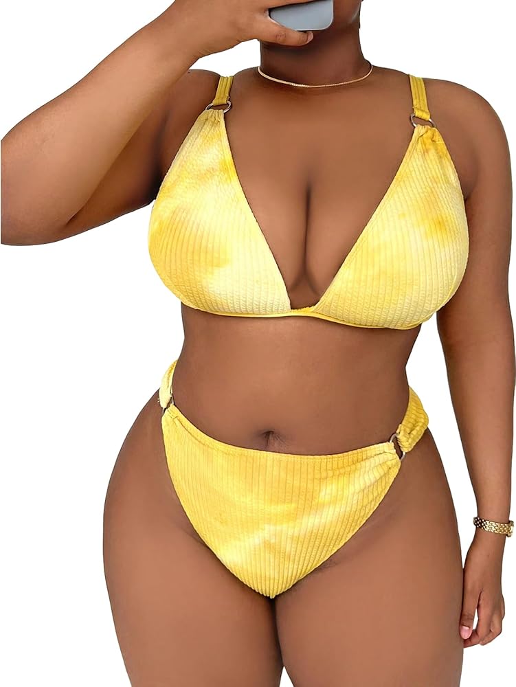 Floerns Women's Plus Size V Neck Triangle Bikini Set Ribbed 2 Piece Bathing Suit