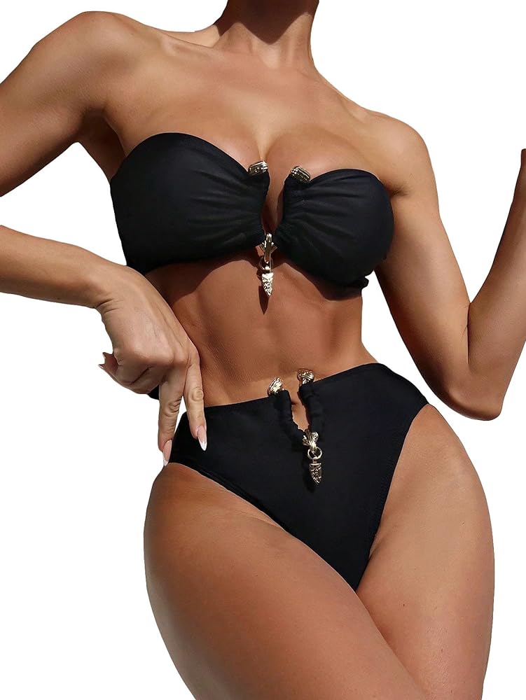 Women's 2 Piece Sexy Metal Ring Bandeau Bikini Set High Wasited Bathing Suit Tube Y2K Swimsuit